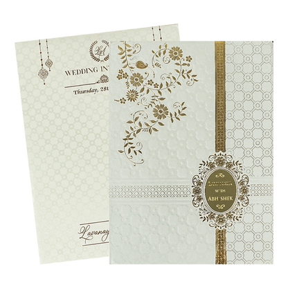 White Floral Geometric Gold Medallion Padded Wedding Card-KRE26340