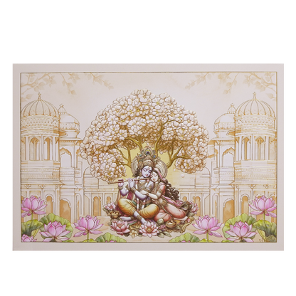 Orange Radha Krishna Palace Padded Wedding Card - KMMWD1145