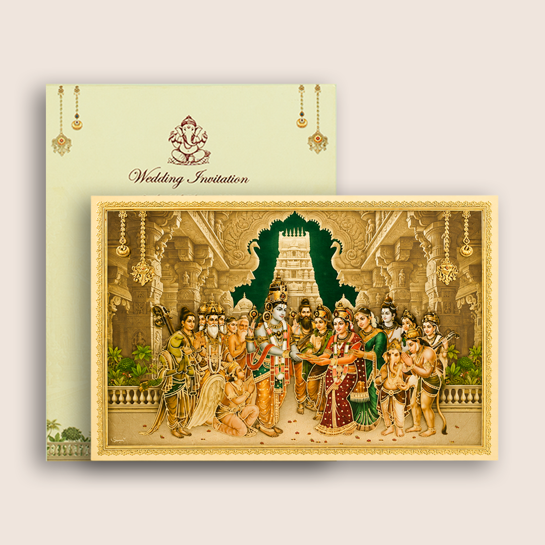 Beige Balaji Padmavathi Floral Wedding Invitation Card - KNCT7411