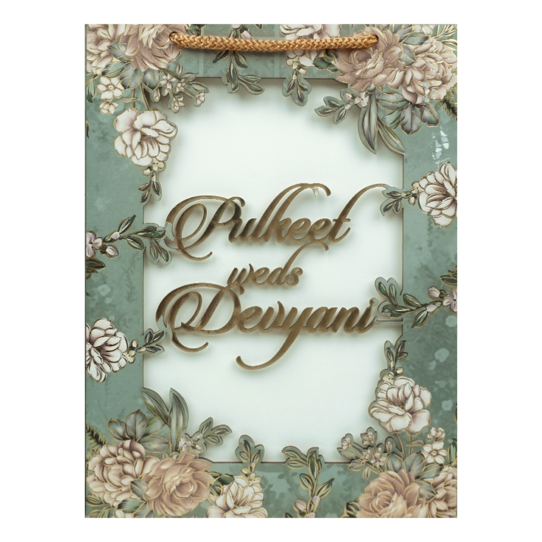 Green Floral Bag Wedding Card-KJTS1807