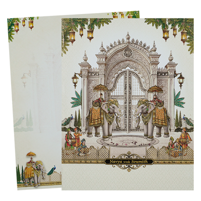 Cream Padded Palace Elephant Wedding Card-KNMO9315