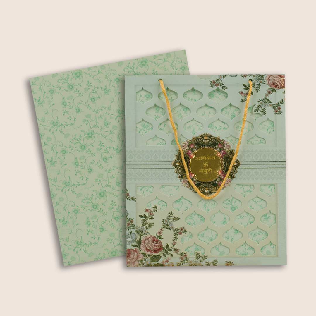 Pastel Blue Floral Laser Cut Bag Style Wedding Card - KJTS1838