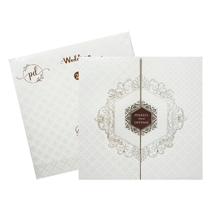 White Floral Hexagon Padded Wedding Card-KJTS1857