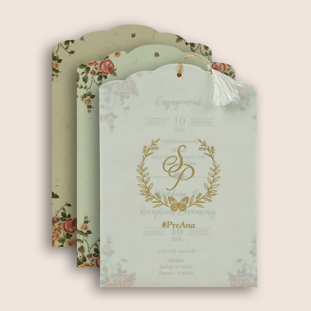 Cream Rose Floral Laser Cut Bag Style Wedding Invitation - KVN06340