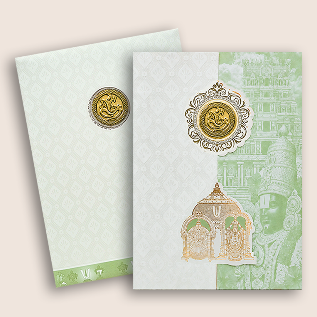 White Pastal Green Lord Venkateshwara Wedding Card - KNA2405G