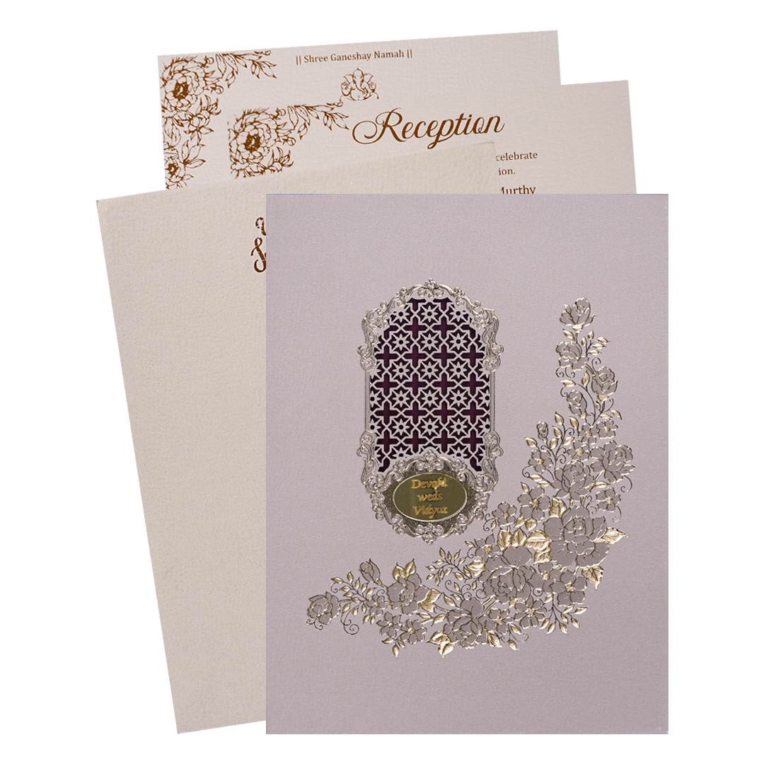 Cream Gold Floral Jaali Padded Wedding Card-KSSC2340