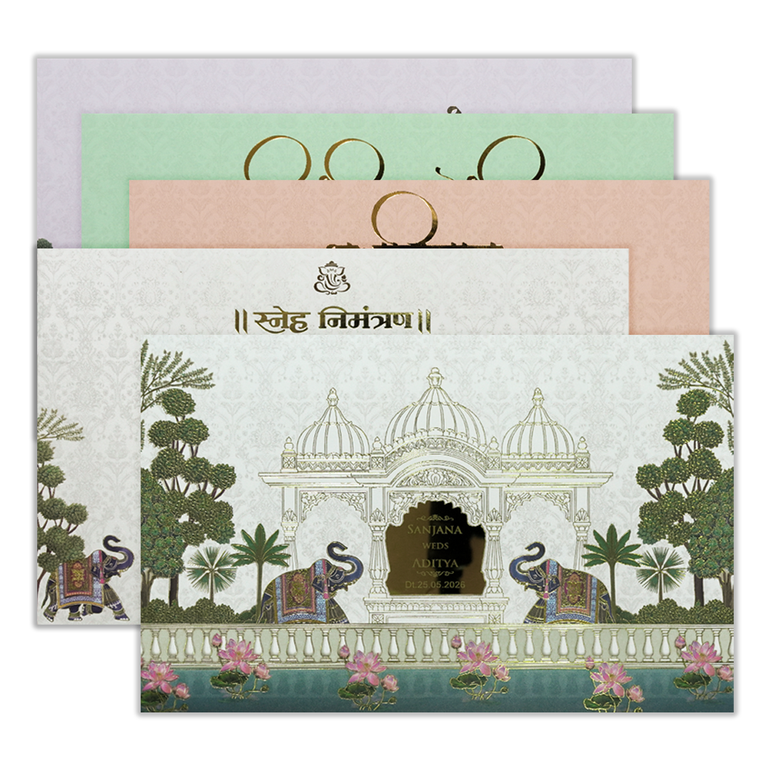 White Palace Elephant Floral Padded Wedding Card-KSH72040