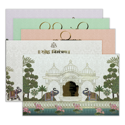 White Palace Elephant Floral Padded Wedding Card-KSH72040