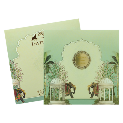 Mint Green Royal Elephant Padded Wedding Card-KRE27120