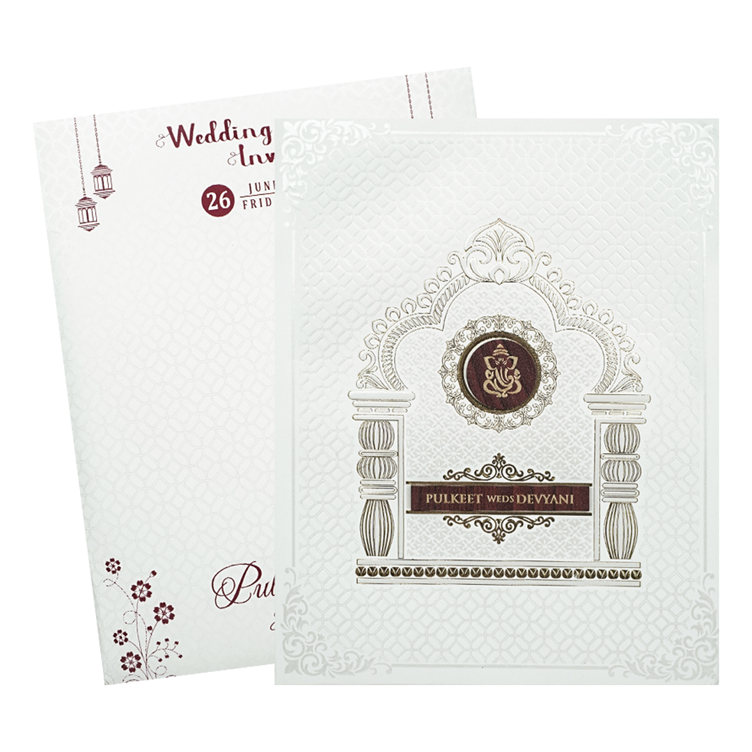 White Ganesha Padded Wedding Card-KJTS1858