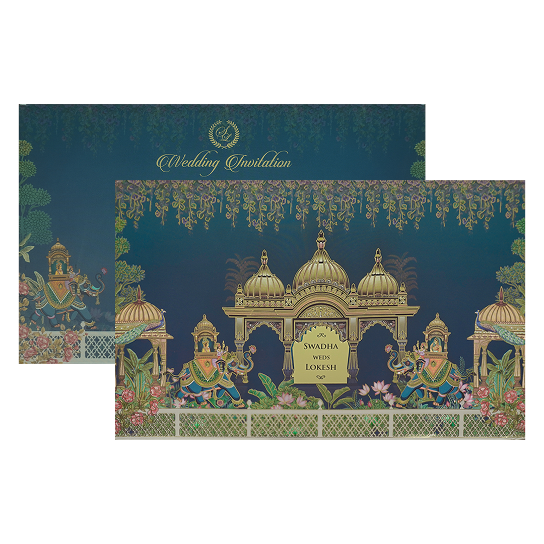 Check out this royal blue padded wedding card at best price.WhatsApp Support |Express Delivery.