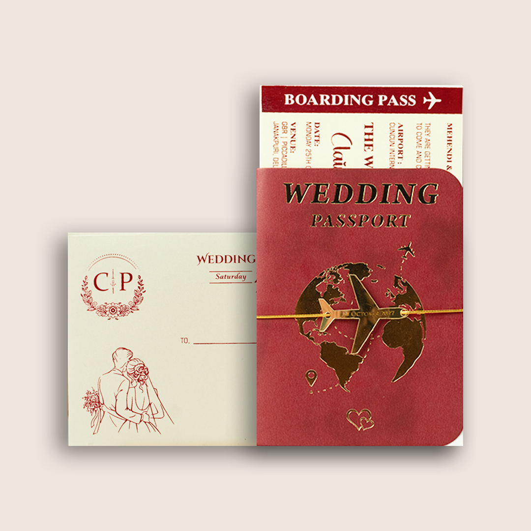 Maroon Passport Theme Invitation Card - KJP29240