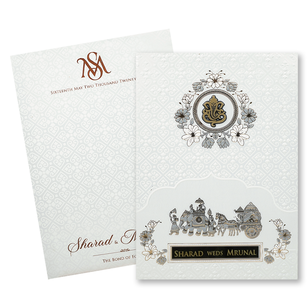 White Embossed Floral Wedding card-KRE28670