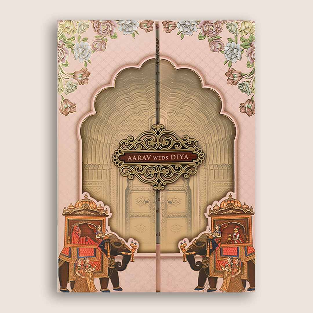 Pink Elephant Arch Padded Door Style Wedding Card - KVN07220