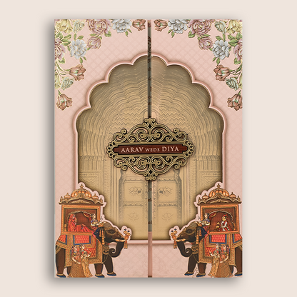 Pink Elephant Arch Padded Door Style Wedding Card - KVN07220