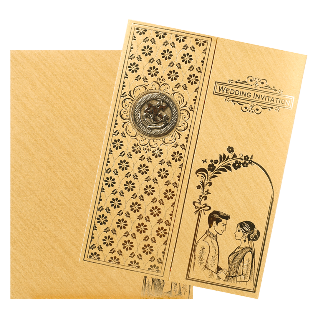 Gold Swastika Couple Gatefold Wedding Card-KNCM043GL