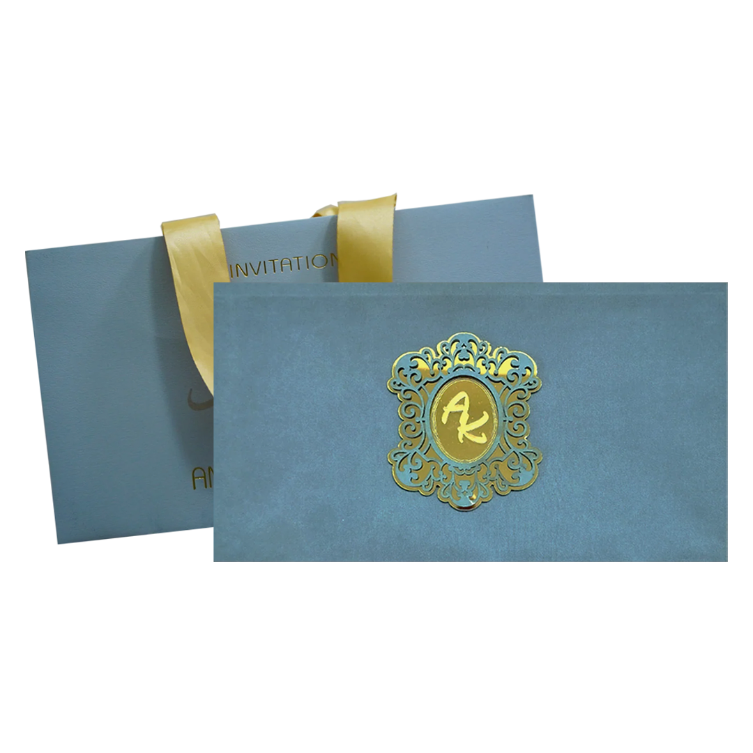 Blue Grey Fabric Sweet Box Invitation-KRC30820