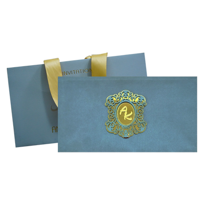 Blue Grey Fabric Sweet Box Invitation-KRC30820