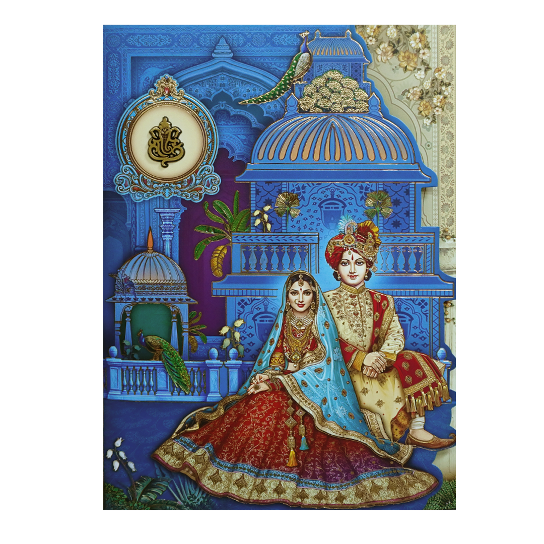 Royal Blue Gold Foil 3 Fold Bride and Groom Wedding Invitation Card-KRB09010