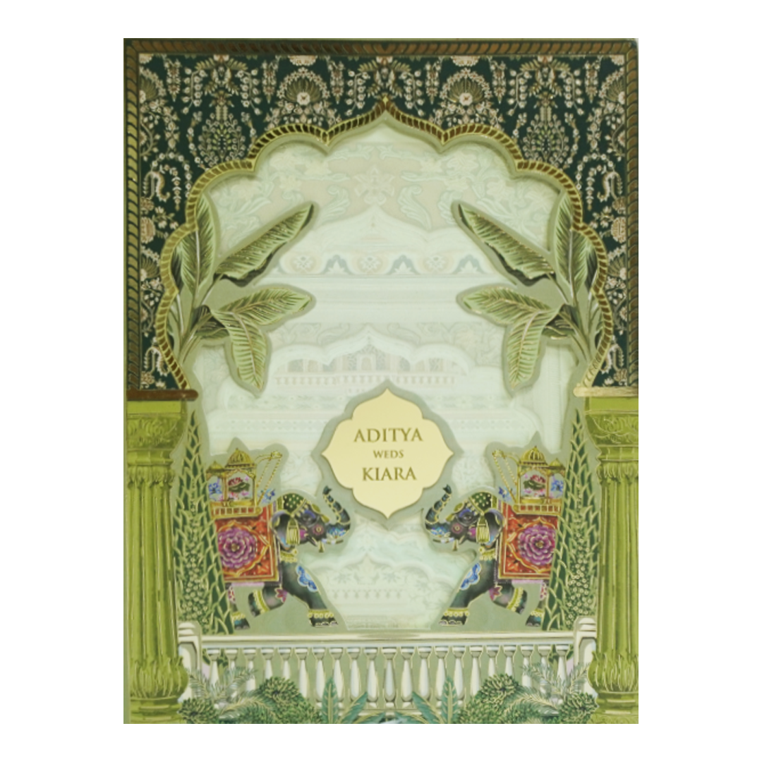 Green Palace Elephant Laser Cut Wedding Card - KFR16260