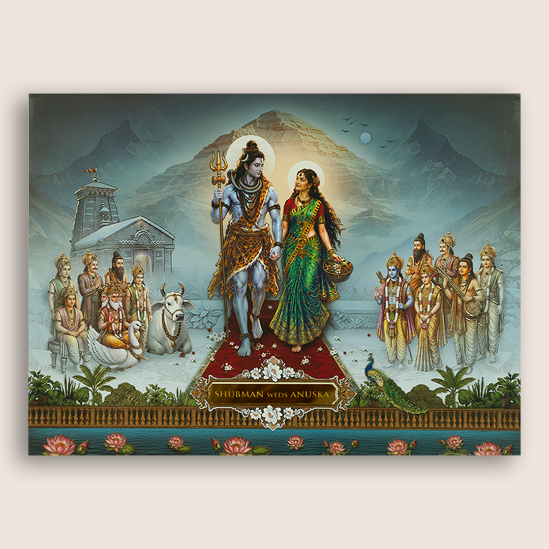 Blue Lord Shiva Parvathi Padded Wedding Invitation Card - KRB10780