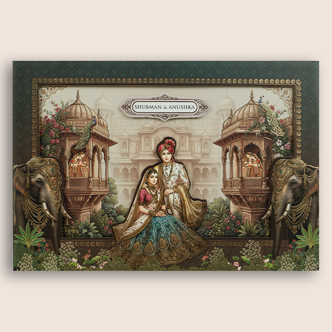 Green Bride Groom Laser Cut Padded Wedding Invitation - KRB10740