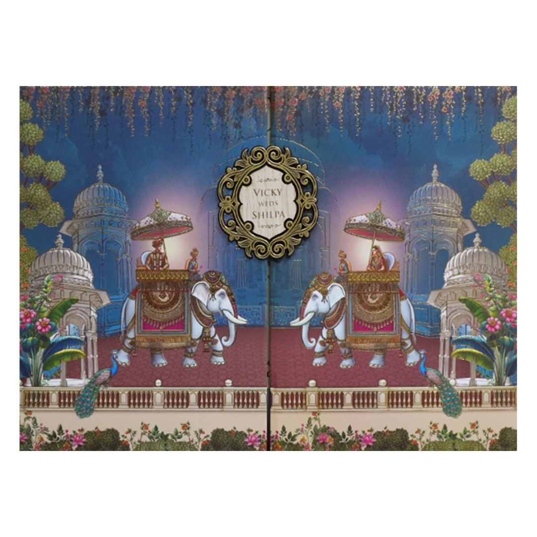 Blue Elephant Procession Padded Wedding Card - KSH72570