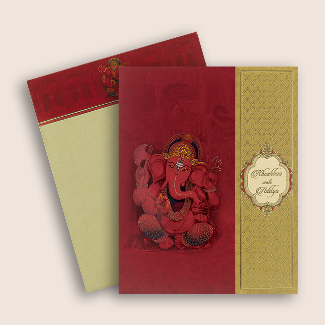Red Ganesha Padded Door Style Wedding Card - KAA05640