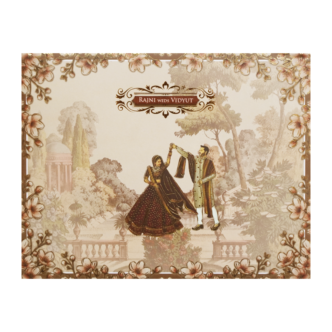 Cream Garden Couple Floral Padded Wedding Card - KVN07290