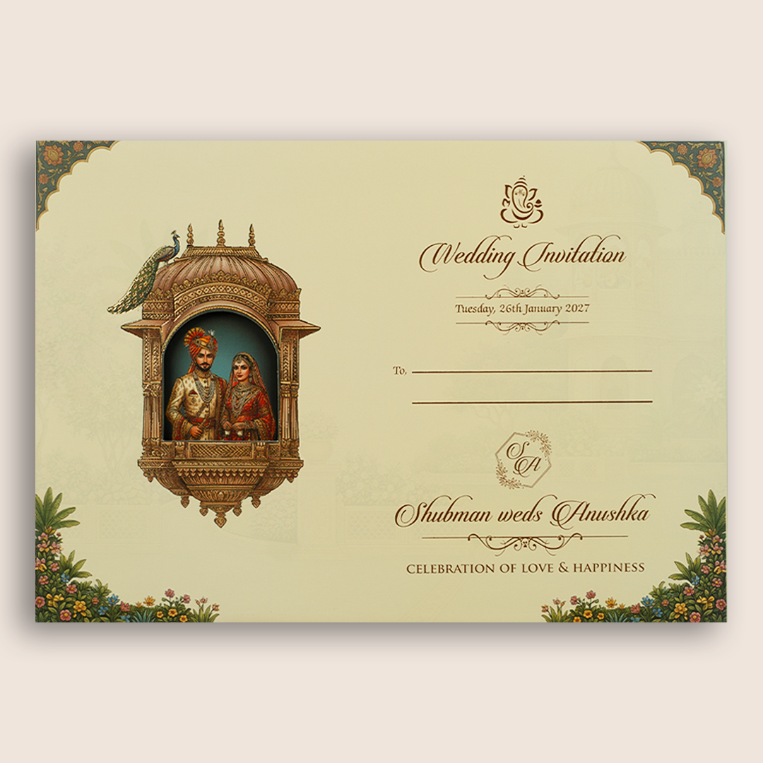 Cream Bride Groom Jharokha Padded Wedding Card - KRB10720