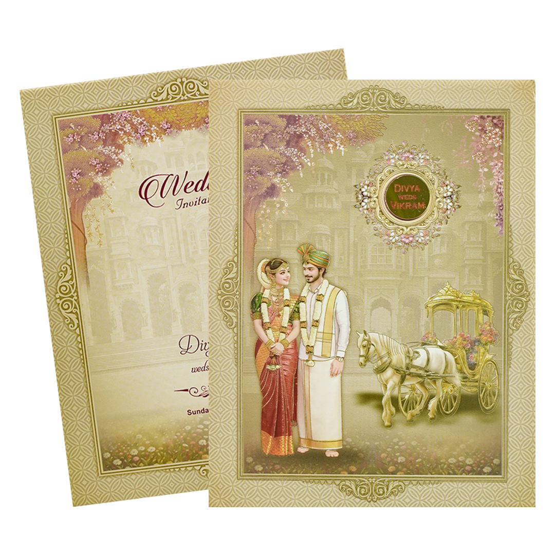 Royal Chariot Couple Padded Wedding Card-KNMO9312