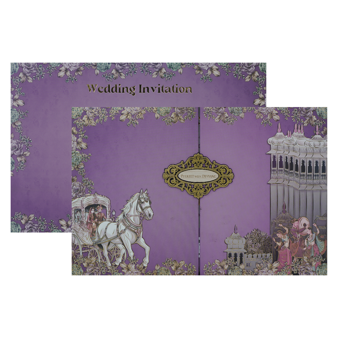 Purple Baraat Padded Wedding Card-KJTS1828