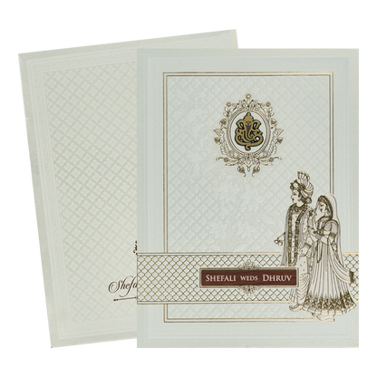 White Embossed Ganesha Wedding card-KRE28400