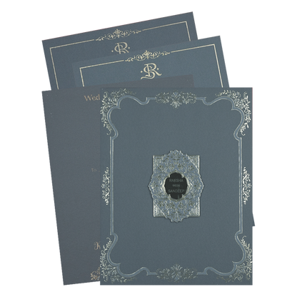 Blue Gold Floral Border Padded Wedding Card-KSI64420