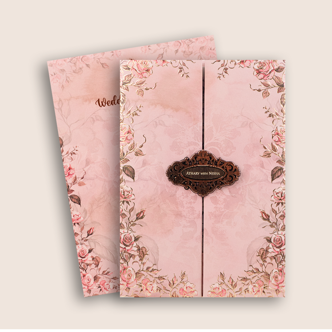 Pink Rose Floral Embossed Door Style Padded Marriage Card - KVN07790