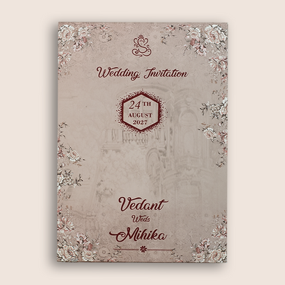 Blush Pink Floral Padded Door Style Wedding Card - KVN07080
