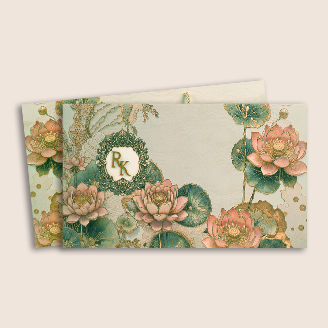 Ivory Lotus Floral Padded Bag Style Invitation Card - KPR024720