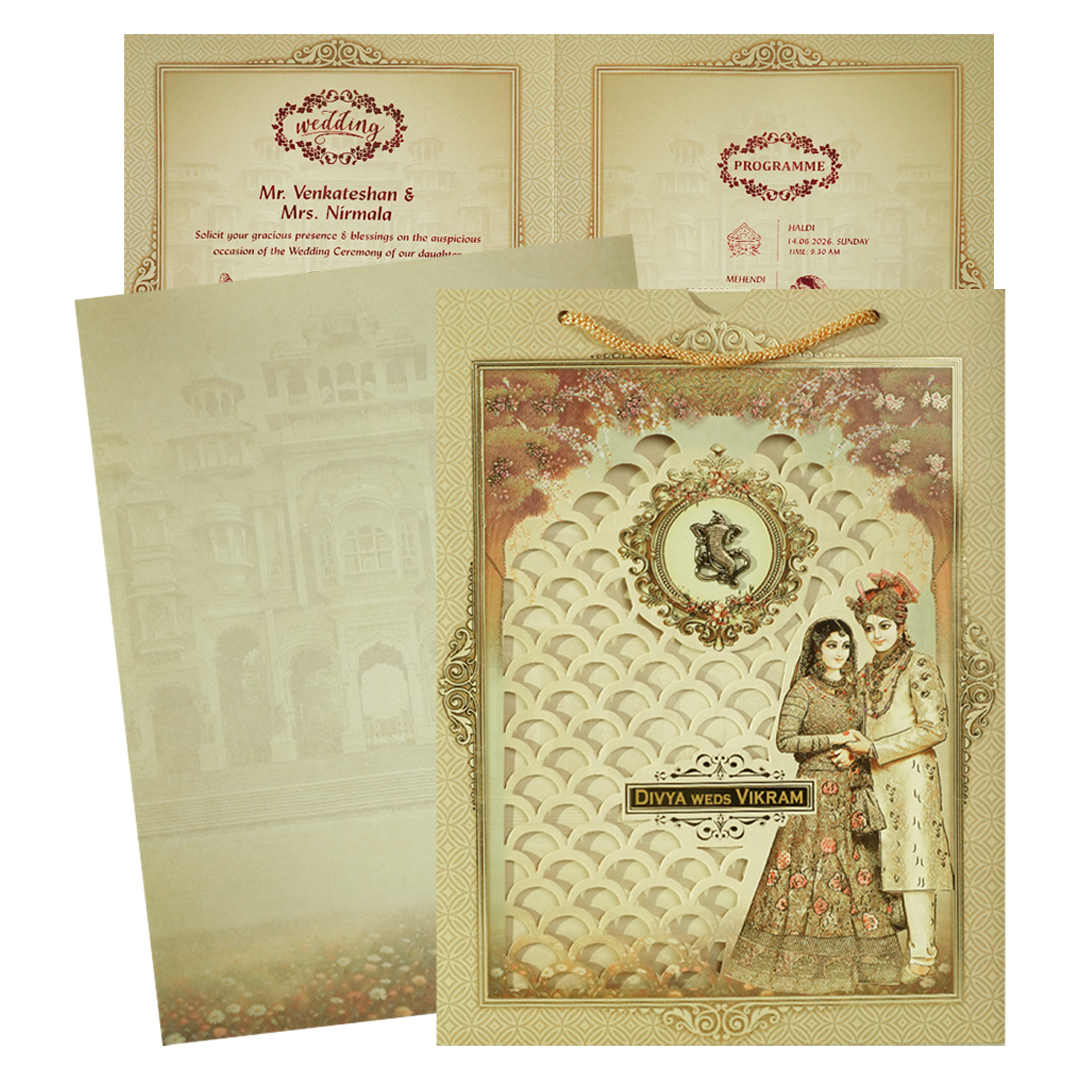 Gold Laser-Cut Floral Bride and Groom Wedding Card - KNAS3104