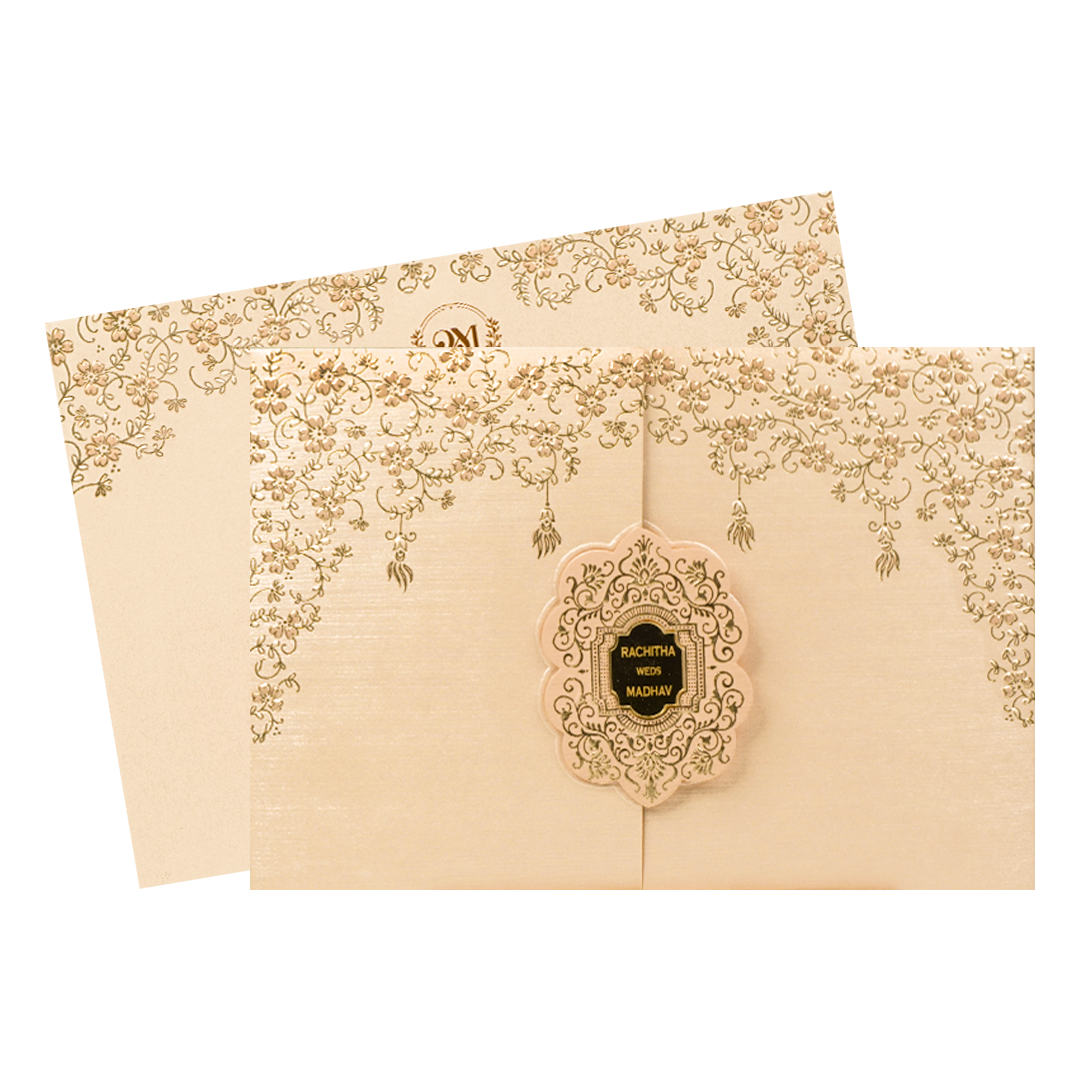 Cream Pink Gold Floral Oval Wedding Card-KSI64680