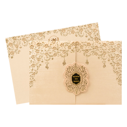 Cream Pink Gold Floral Oval Wedding Card-KSI64680