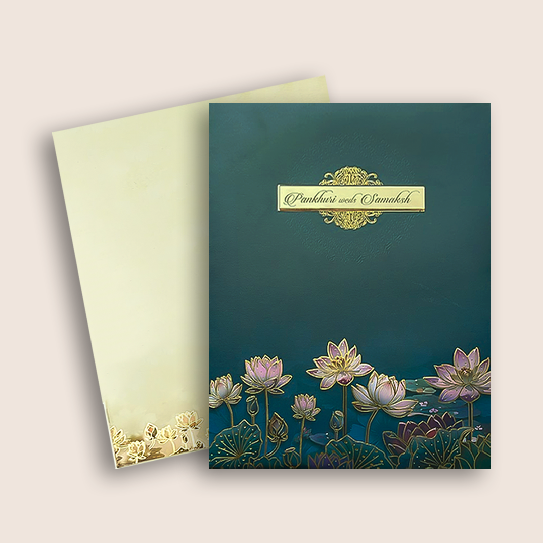 Royal Blue Lotus Floral Wedding Card - KAA05180