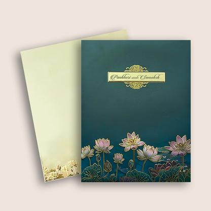 Royal Blue Lotus Floral Wedding Card - KAA05180