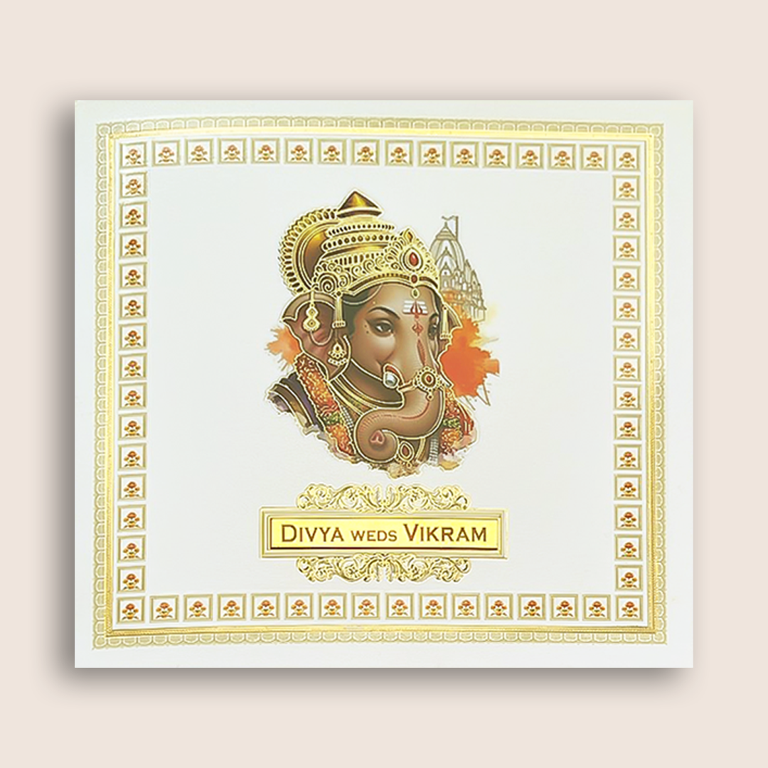 White Ganesha Floral Wedding Card - KNKD8115