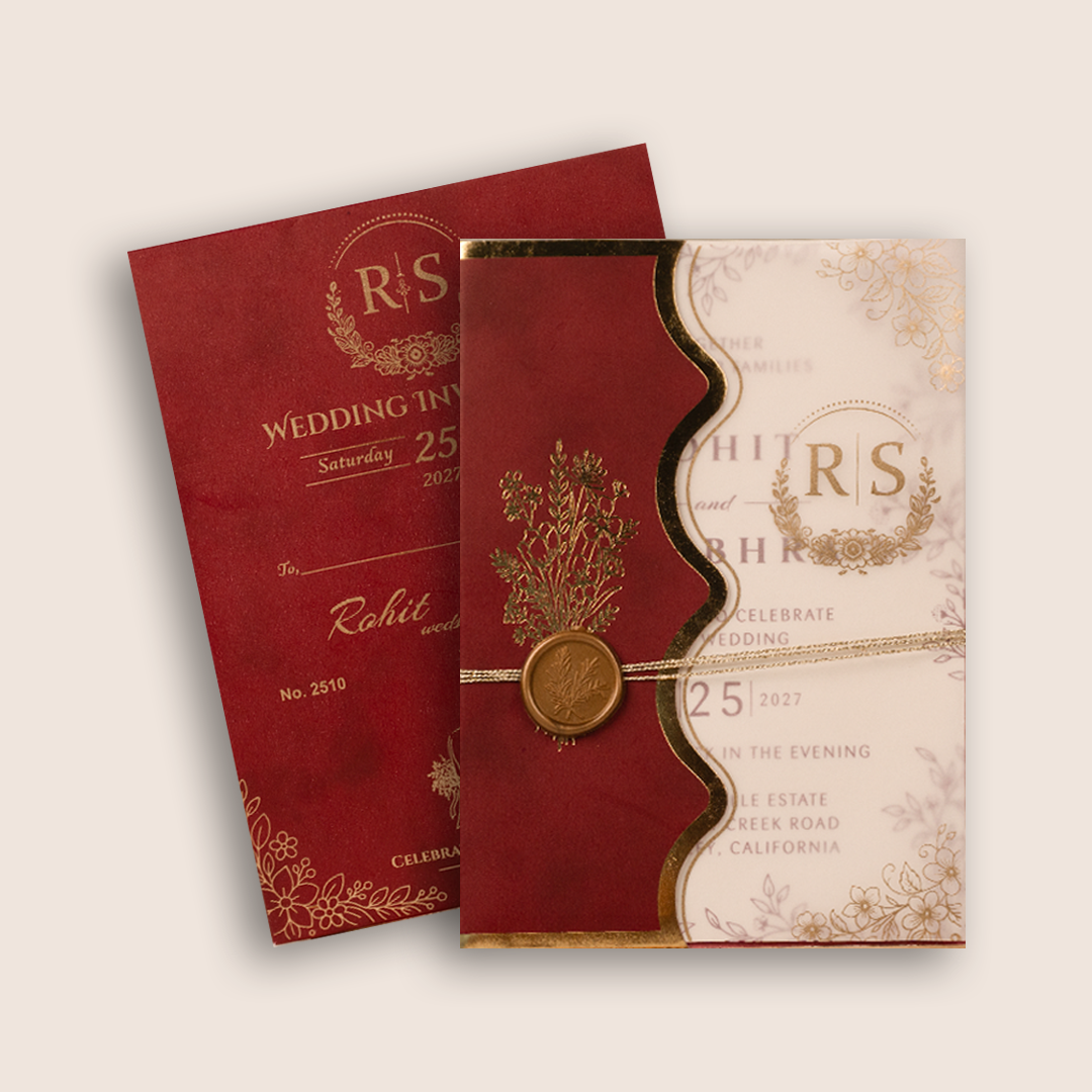 Maroon Floral Laser Cut Wedding Card  - KJP25100