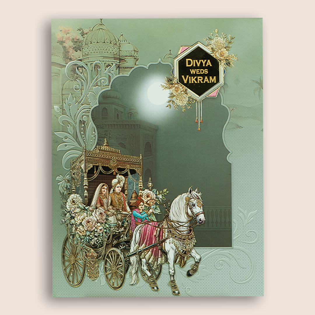 Teal Green Horse Chariot Bride Groom Wedding Card - KNKJ1164