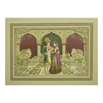 Green Palace Couple &amp; Elephant Padded Wedding Card-KMMEX8010
