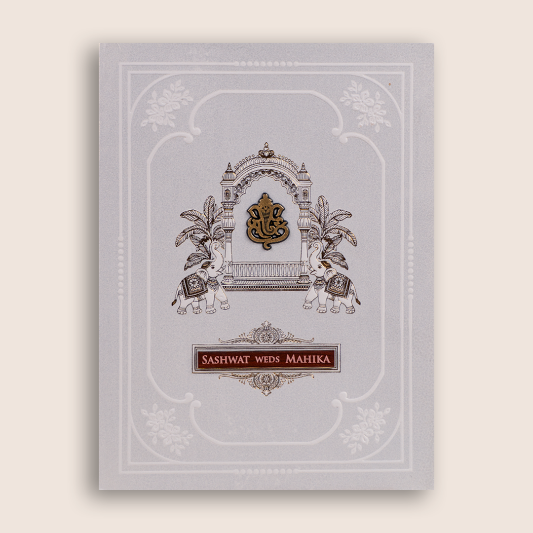 Ivory Embossed Royal Elephant Wedding Invitation Card - KRE29370