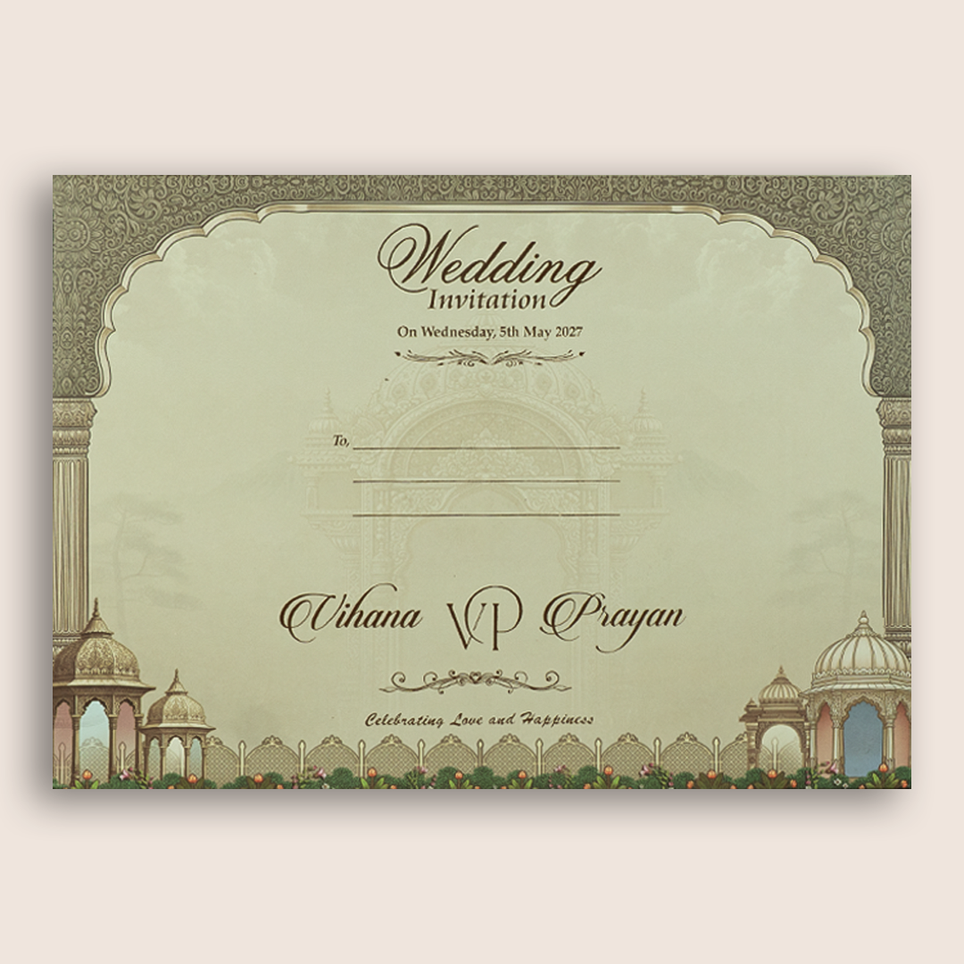 Pale Brown Jharokha Padded Wedding Invitation Card - KSH18250