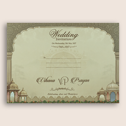 Pale Brown Jharokha Padded Wedding Invitation Card - KSH18250