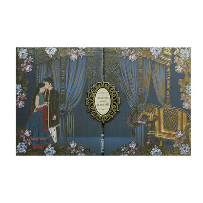 Navy Blue Padded Royal Curtain Wedding Invitation - KVN07440